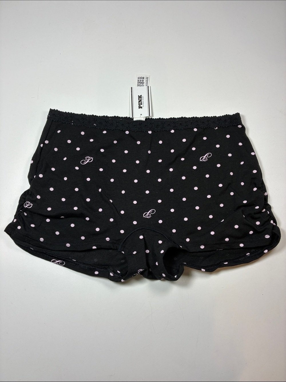 NWT PINK Victoria's Secret Black with Light Pink Polka Dot Dorm Boyshort Size S